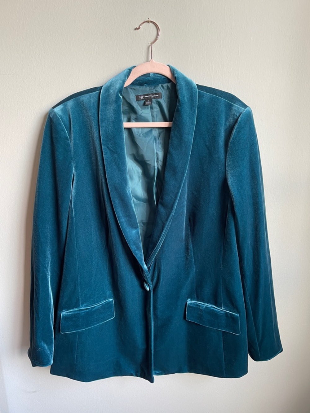 Teal/Turquoise Velvet Blazer with Shawl Collar and Front Pockets